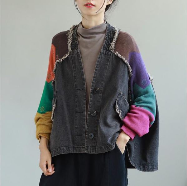women's jackets 2021 autumn casual spliced patchwork loose denim knitted coat women sanding bleached full sleeve single breasted jacket, Black;brown
women's jackets 2021 autumn casual spliced patchwork loose denim knitted coat women sanding bleached full sleeve single breasted jacket, Black;brown