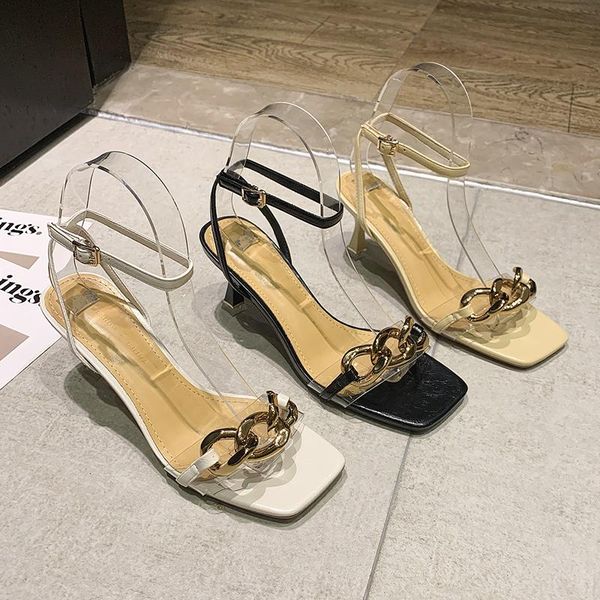 women high heel sandals summer fashion metal chain ladies transparent strap thin shoes buckle heels, Black
women high heel sandals summer fashion metal chain ladies transparent strap thin shoes buckle heels, Black