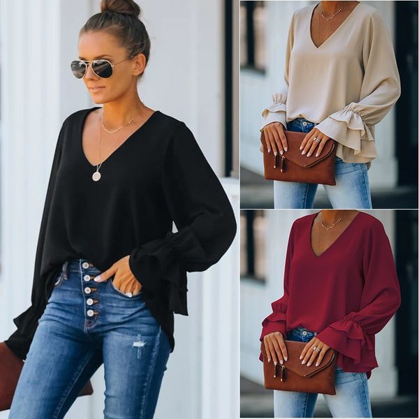 2021 new european and american women's casual loose solid color v-neck long sleeve t-shirt, White
2021 new european and american women's casual loose solid color v-neck long sleeve t-shirt, White
