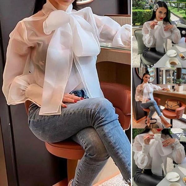 casual elegant office women shirt lantern sleeve lace up bow long turtleneck see through loose blouses, White
casual elegant office women shirt lantern sleeve lace up bow long turtleneck see through loose blouses, White