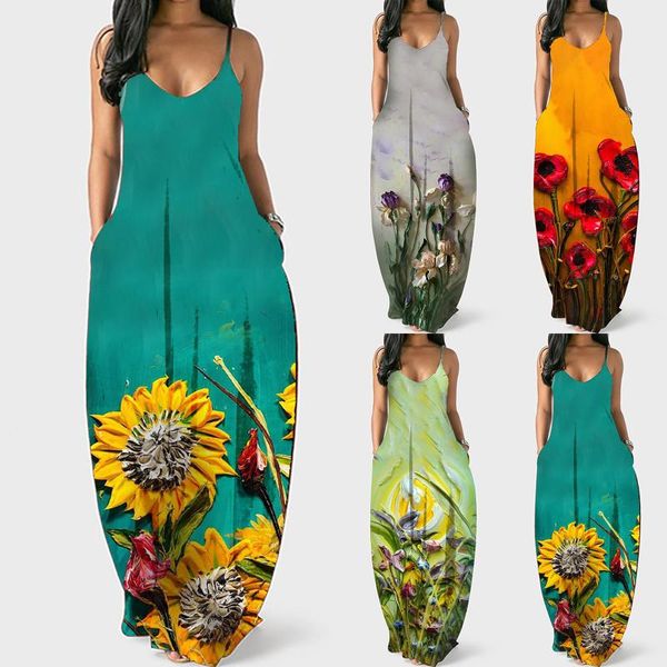 summer dress female long robe women o-neck sunflower print sleeveless plus size pullover beach dresses vestido de mujer casual, Black;gray 
summer dress female long robe women o-neck sunflower print sleeveless plus size pullover beach dresses vestido de mujer casual, Black;gray