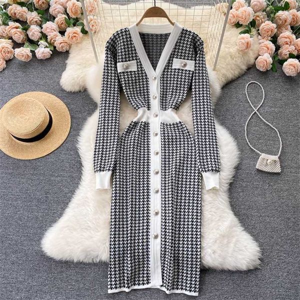 fall winter korean chic vintage houndstooth knitted sweater dres v-neck button slim long casual robe femme vestidos 211220, Black;gray
fall winter korean chic vintage houndstooth knitted sweater dres v-neck button slim long casual robe femme vestidos 211220, Black;gray