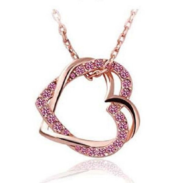 austrian crystal double peach heart pendant necklace 18k rose gold cross chain woman party jewelry gift, Silver 
austrian crystal double peach heart pendant necklace 18k rose gold cross chain woman party jewelry gift, Silver