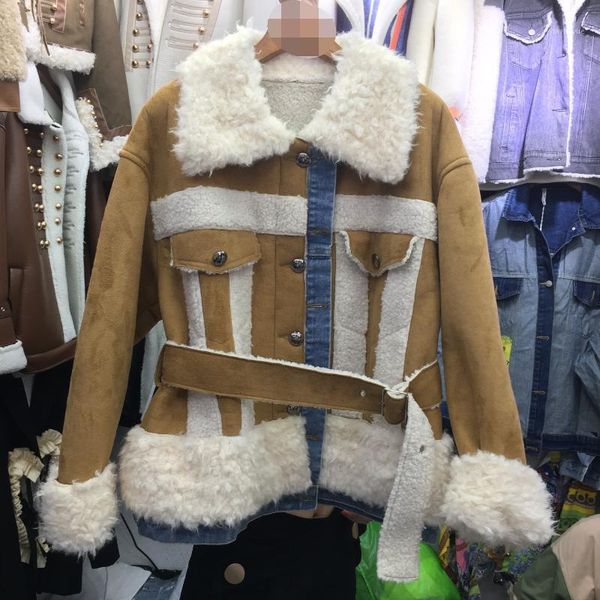 women's fur & faux suede jacket fall winter 2021 stitching denim belted coat loose fashion double faced lambswool flocking outwear, Black
women's fur & faux suede jacket fall winter 2021 stitching denim belted coat loose fashion double faced lambswool flocking outwear, Black