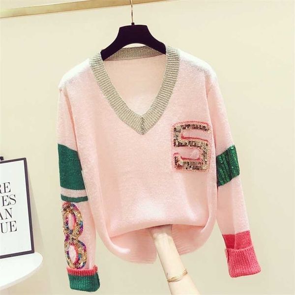 women v-neck sweaters loose color matching sequins beaded long-sleeved pullover women's blouses 211011, White;black
women v-neck sweaters loose color matching sequins beaded long-sleeved pullover women's blouses 211011, White;black