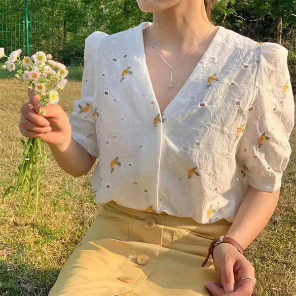 women's blouses & shirts summer v-neck embroidery flower shirt ladies korean puff short sleeve loose blouse femme sweet hollow out wome, White
women's blouses & shirts summer v-neck embroidery flower shirt ladies korean puff short sleeve loose blouse femme sweet hollow out wome, White
