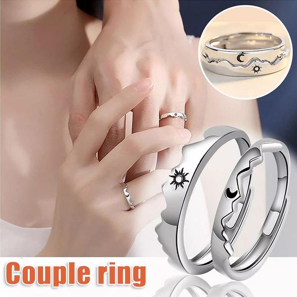 wedding rings sterling silver engagement couple sun and moon 2in1 open adjustable b99, Slivery;golden