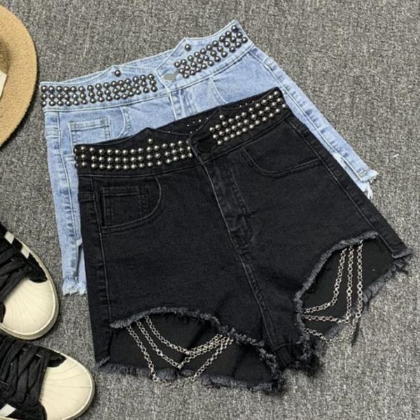 women's shorts 2021summer fashion rivets denim women high waist chain tassel jeans, White;black
women's shorts 2021summer fashion rivets denim women high waist chain tassel jeans, White;black