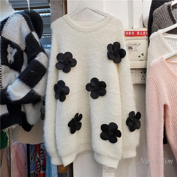 women's sweaters 2021 winter sweater womens korean style lazy wind long sleeve beads three-dimensional flower knitted pullover jumper, White;black
women's sweaters 2021 winter sweater womens korean style lazy wind long sleeve beads three-dimensional flower knitted pullover jumper, White;black