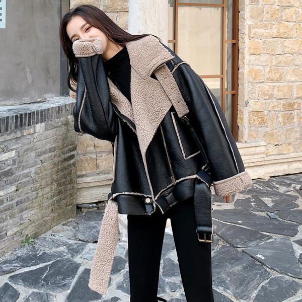 women's leather & faux winter plush thickened motorcycle coat fur female lamb one short loose large jacket fashion, Black
women's leather & faux winter plush thickened motorcycle coat fur female lamb one short loose large jacket fashion, Black