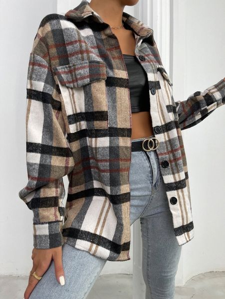 flap pocket drop shoulder plaid blouse 19ow#, White