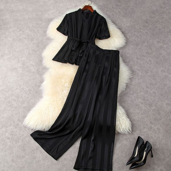 2021 summer short sleeve v neck black striped drawstring belted + high waist wide leg trousers long pants two piece suits 2 pieces set 21a29, White
2021 summer short sleeve v neck black striped drawstring belted + high waist wide leg trousers long pants two piece suits 2 pieces set 21a29, White