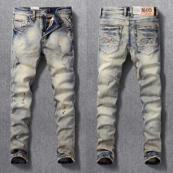 italian style fashion men jeans retro yellow washed elastic slim fit ripped vintage designer denim pants men's, Blue
italian style fashion men jeans retro yellow washed elastic slim fit ripped vintage designer denim pants men's, Blue