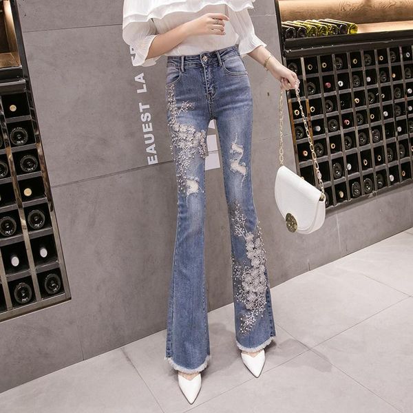 women's jeans collaosed flared female tall waist burrs heavy tail cultivate one's morality show thin bootleg embroidery beading, Blue
women's jeans collaosed flared female tall waist burrs heavy tail cultivate one's morality show thin bootleg embroidery beading, Blue
