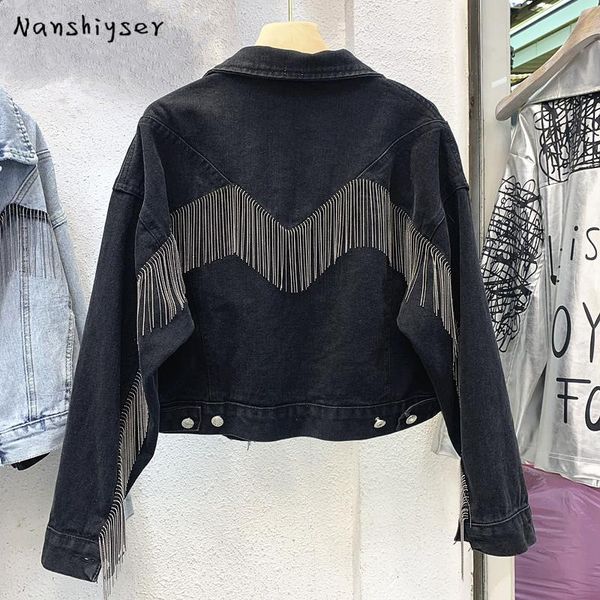 women's jackets harajuku short denim jacket 2021 autumn chic chain tassel loose high waist jean coat woman black students outerwear, Black;brown
women's jackets harajuku short denim jacket 2021 autumn chic chain tassel loose high waist jean coat woman black students outerwear, Black;brown