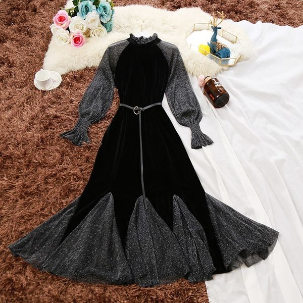 autumn women high collar flare sleeve bring silk veet stitching mesh mermaid female fishtail es, Black;gray
autumn women high collar flare sleeve bring silk veet stitching mesh mermaid female fishtail es, Black;gray
