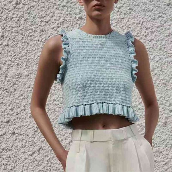 women summer solid knitting blouses shirts za sleeveless ruffles female casual sweet short clothing blusas 210513, White
women summer solid knitting blouses shirts za sleeveless ruffles female casual sweet short clothing blusas 210513, White