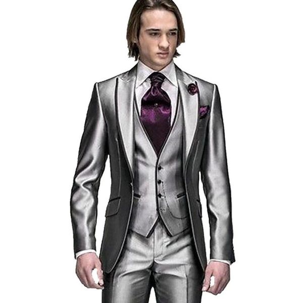 men's suits & blazers fashion cool one button shiny silver grey groom tuxedos groomsmen wedding man (jacket+pants+vest+tie), White;black
men's suits & blazers fashion cool one button shiny silver grey groom tuxedos groomsmen wedding man (jacket+pants+vest+tie), White;black