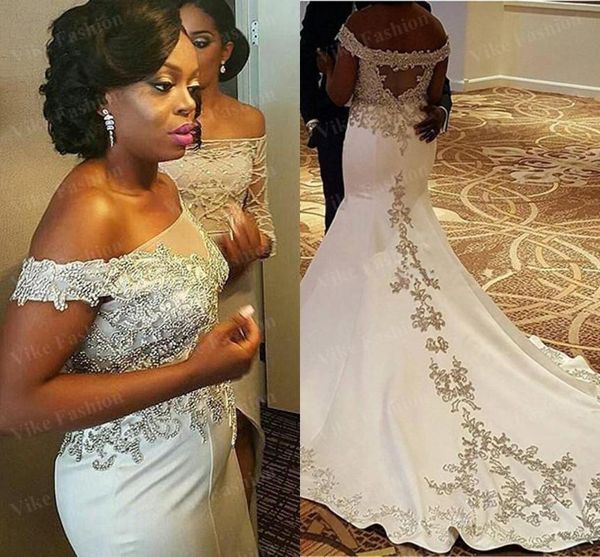 other wedding dresses off the shoulder mermaid sheer neck lace appliques beads back satin bridal dress african gowns, White
other wedding dresses off the shoulder mermaid sheer neck lace appliques beads back satin bridal dress african gowns, White