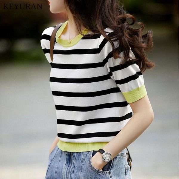 women's t-shirt women 2021 summer ice silk striped rib knitted t shirts ladies contrast color thin o neck short sleeve knitwear, White
women's t-shirt women 2021 summer ice silk striped rib knitted t shirts ladies contrast color thin o neck short sleeve knitwear, White