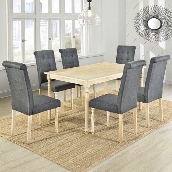 set of 7 wood rectangular dining room table with 6 high back upholstered chairs, transitional style
set of 7 wood rectangular dining room table with 6 high back upholstered chairs, transitional style