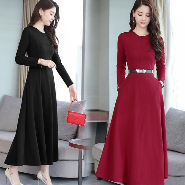 casual dresses elegant women dress 2021 autumn winter black midi bodycon o-neck a-line party long sleeve runway vestidos, Black;gray