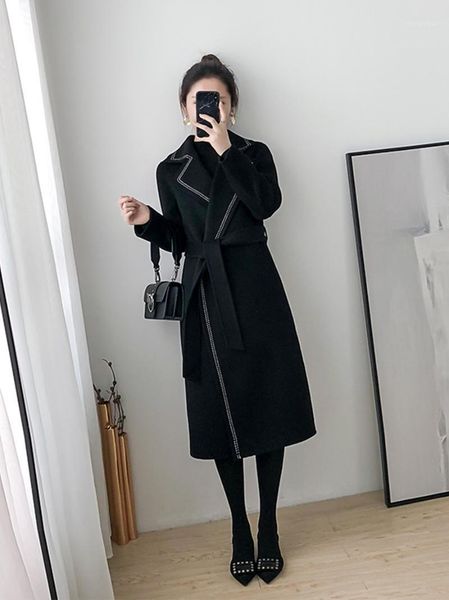 women's wool & blends women long coat 2021 autumn winter elegant woolen with belt female cashmere midi-length jacket outerwear, Black
women's wool & blends women long coat 2021 autumn winter elegant woolen with belt female cashmere midi-length jacket outerwear, Black