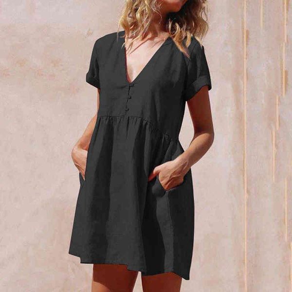 dress female summer with v-neck cleavage arrival short sleeve solid button pocket dresses casual wl175, Black;gray
dress female summer with v-neck cleavage arrival short sleeve solid button pocket dresses casual wl175, Black;gray