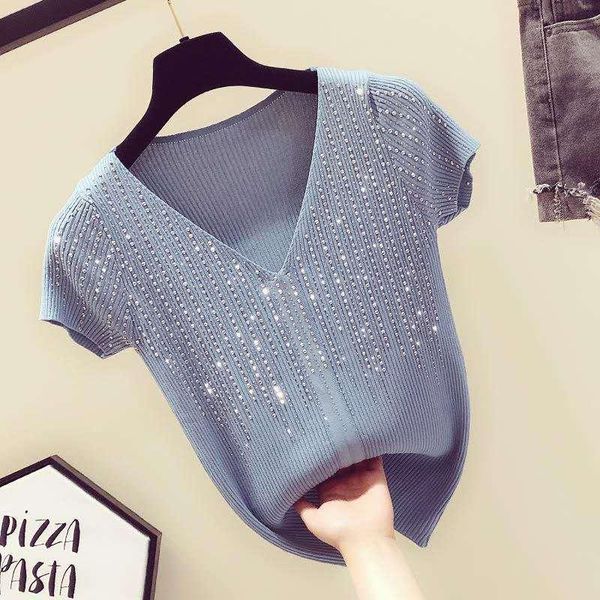 women's t-shirt t shirt female clothes summer fashion casual diamonds ice silk short sleeve thin woman solid v-neck tee women, White
women's t-shirt t shirt female clothes summer fashion casual diamonds ice silk short sleeve thin woman solid v-neck tee women, White