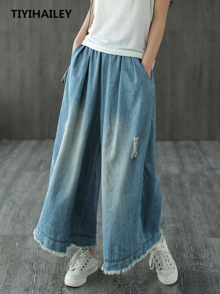 women's jeans tiyihailey fashion wide leg ankle length pants women trousers denim with holes elastic waist summer, Blue
women's jeans tiyihailey fashion wide leg ankle length pants women trousers denim with holes elastic waist summer, Blue