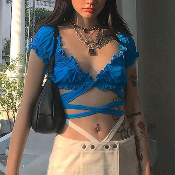 women's t-shirt 2000s aesthetics cross bandage ruffles crop y2k streetwear deep v lantern sleeve blue t-shirts cut out tees, White
women's t-shirt 2000s aesthetics cross bandage ruffles crop y2k streetwear deep v lantern sleeve blue t-shirts cut out tees, White