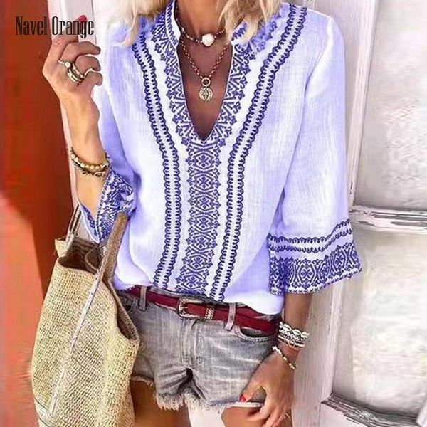 women's blouses & shirts summer women v-neck half sleeve blouse bohemian loose hollow out casual printing pullover streetwear drop, White
women's blouses & shirts summer women v-neck half sleeve blouse bohemian loose hollow out casual printing pullover streetwear drop, White