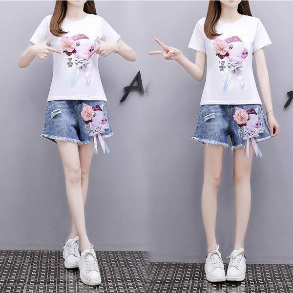 women's tracksuits two-piece set summer printed short-sleeved t-shirt ripped denim shorts simple three-dimensional decoration suit, Gray
women's tracksuits two-piece set summer printed short-sleeved t-shirt ripped denim shorts simple three-dimensional decoration suit, Gray