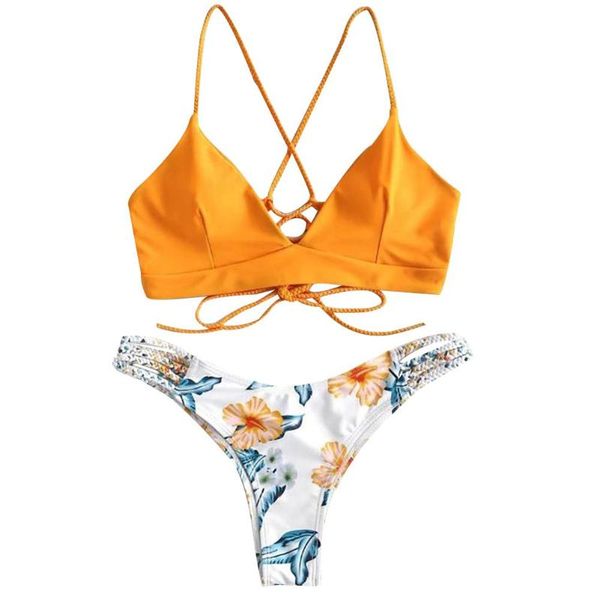 women's swimwear two-piece women floral print knitted bandage bikini set swimsuit, White;black
women's swimwear two-piece women floral print knitted bandage bikini set swimsuit, White;black