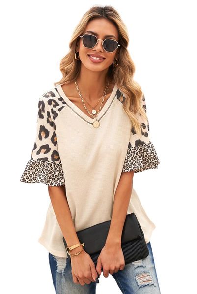 women's blouses & shirts mixed leopard short ruffle sleeve waffle knit summer women casual plus size s-2xl blouse, White
women's blouses & shirts mixed leopard short ruffle sleeve waffle knit summer women casual plus size s-2xl blouse, White