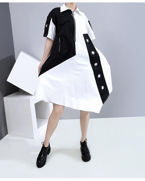 casual dresses fashion summer hong kong style black and white color matching irregular dress, Black;gray
casual dresses fashion summer hong kong style black and white color matching irregular dress, Black;gray