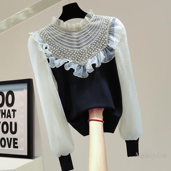 women's sweaters stretch sweater women ruffled collar beads long-sleeved knitwear femme 2021 autumn and winter korean style chiffon pat, White;black
women's sweaters stretch sweater women ruffled collar beads long-sleeved knitwear femme 2021 autumn and winter korean style chiffon pat, White;black