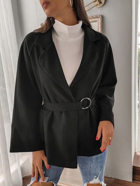 lapel collar raglan sleeve belted overcoat x4xg#, Black