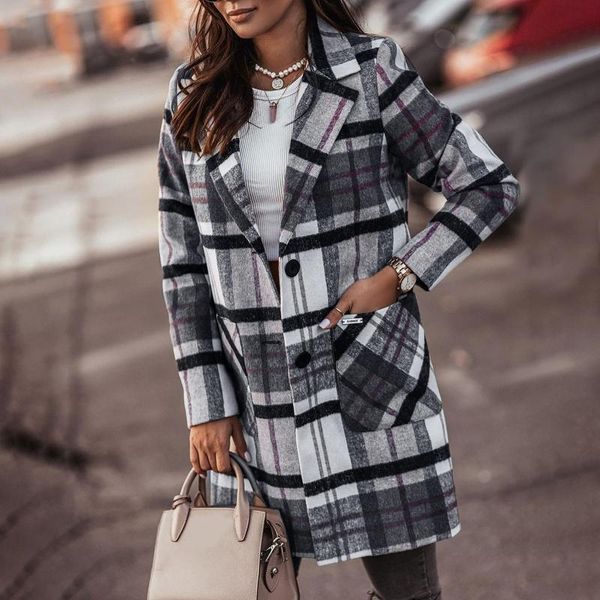 women's wool & blends 2021 fashion plaid jackets with pockets button up turn down collar long sleeve coat for women outwear casaco femi, Black
women's wool & blends 2021 fashion plaid jackets with pockets button up turn down collar long sleeve coat for women outwear casaco femi, Black