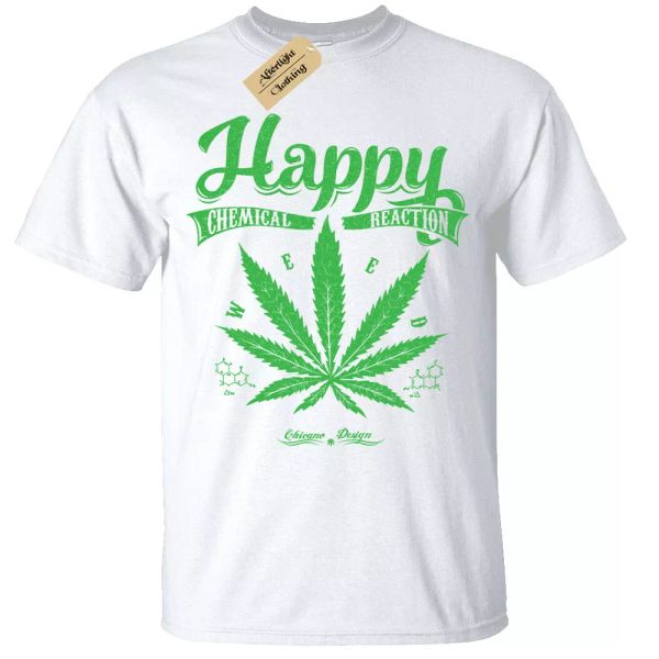 Happy Chemical Reaction T-Shirt Mens weed cannabis tee white, White;black