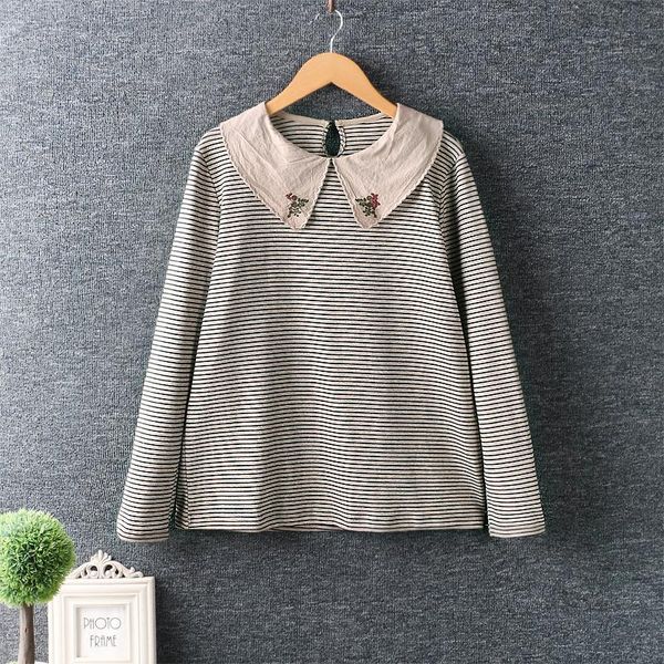 women's blouses & shirts 2021 spring women knitted cotton bottoming shirt fresh embroidery turndown collar striped pullover, White
women's blouses & shirts 2021 spring women knitted cotton bottoming shirt fresh embroidery turndown collar striped pullover, White