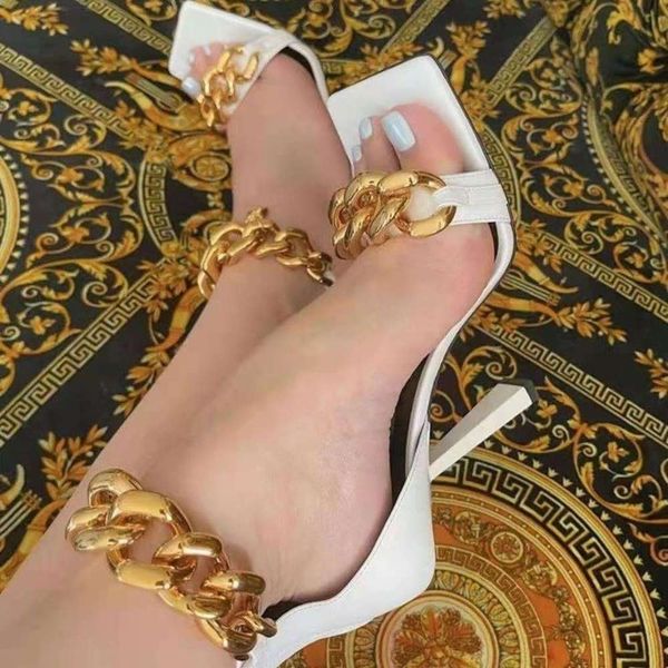 high-heeled flat belt sandals chain square toe women's sho catwalk large, Black
high-heeled flat belt sandals chain square toe women's sho catwalk large, Black