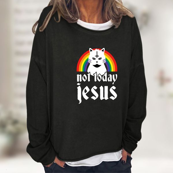 autumn and winter women's 2021 rainbow cat print loose round neck sweater, Black