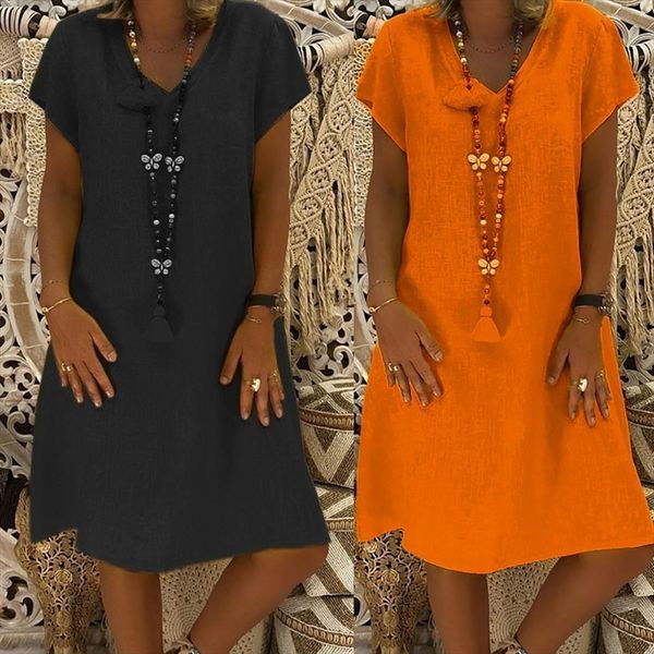 plus size cotton linen casual women dress loose summer short sleeve t shirt fashion v neck clothes t2p, Black;gray
plus size cotton linen casual women dress loose summer short sleeve t shirt fashion v neck clothes t2p, Black;gray