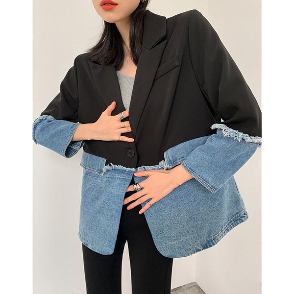 women's suits & blazers denim patchwork women blazer jacket single button black suit loose fashion lady coat 2021 autumn, White;black
women's suits & blazers denim patchwork women blazer jacket single button black suit loose fashion lady coat 2021 autumn, White;black