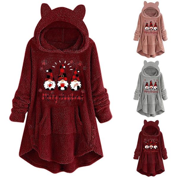 women's jackets ladies thickened christmas overcoat plush warm coat long sleeve cute santa claus hoodie pullover jacket with pocket, Black;brown
