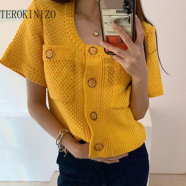 women's knits & tees lyeeynnr women sweater 2021 summer korean chic female simple round neck single-breasted multi-pocket short-sleeved, White