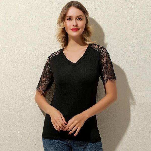 women's t-shirt summer o-neck lace stitching fashion ladies slim casual short-sleeved plus size, White
women's t-shirt summer o-neck lace stitching fashion ladies slim casual short-sleeved plus size, White