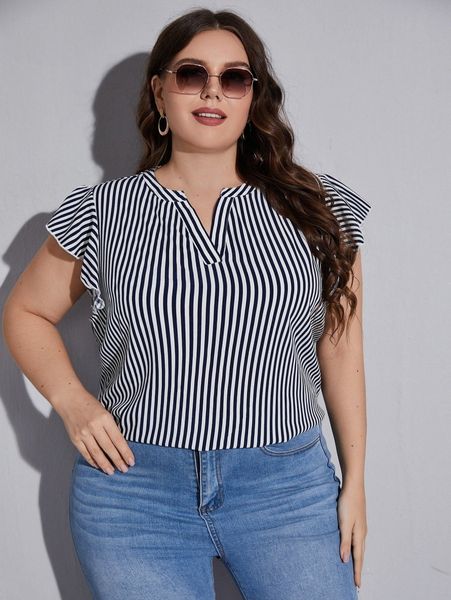 plus notched neck striped print butterfly sleeve blouse s5p7#, Black 
plus notched neck striped print butterfly sleeve blouse s5p7#, Black