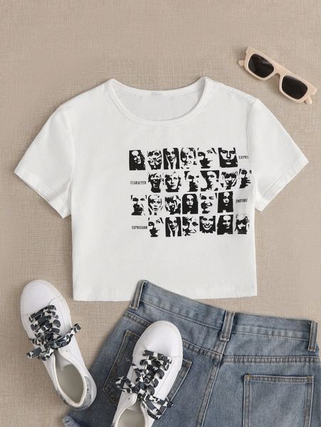 figure & letter graphic crop tee j3ls#, White